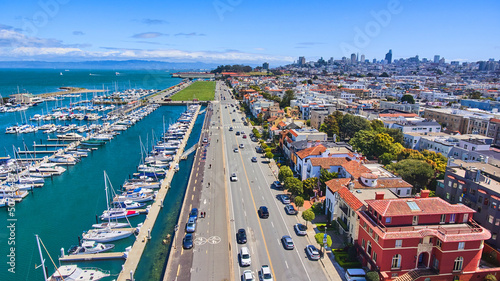 Aerial over harbor and colorful beach homes in San Francisco  California