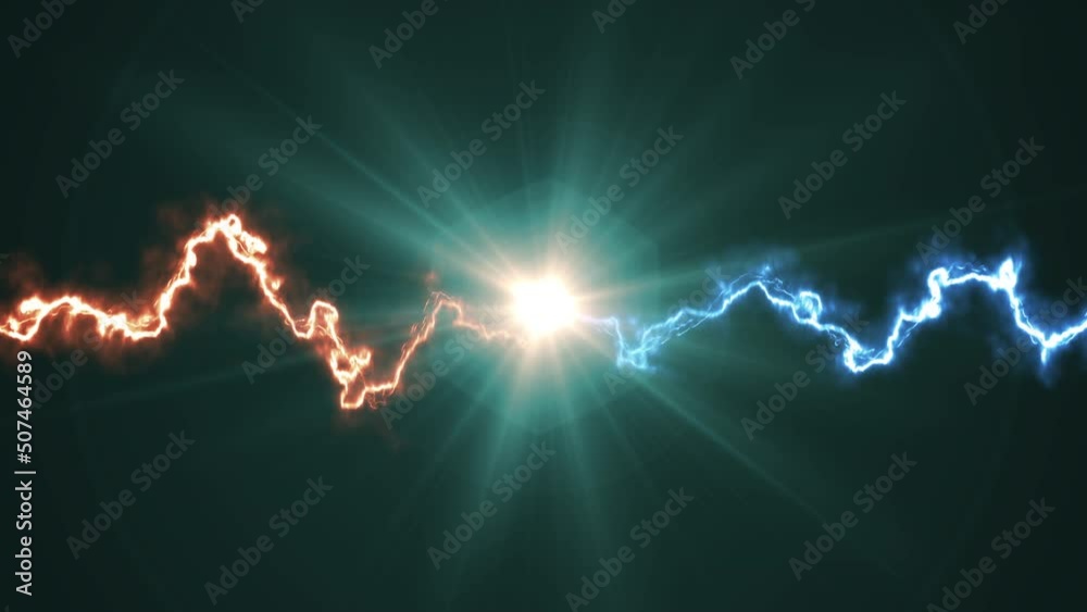 Electric discharge collision. Blue and red impulse shock energy explosion. Flash lightning effect isolated on black background. 3d animation. Sci fi future or fantasy thunderbolt element.