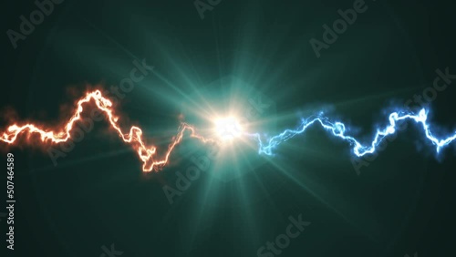 Electric discharge collision. Blue and red impulse shock energy explosion. Flash lightning effect isolated on black background. 3d animation. Sci fi future or fantasy thunderbolt element. photo