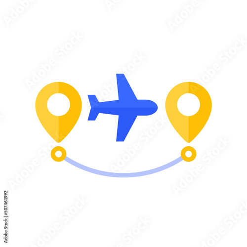 Flight route icon with an airplane, flat vector