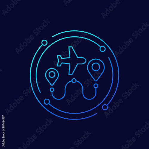 Flight route icon with an airplane, linear design