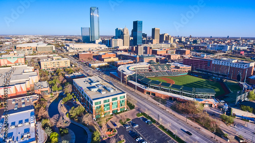 Beautiful aerial of morning light on downtown Oklahoma City and shopping area