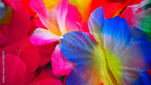 Photography fragment of a bright lei for a Hawaiian party