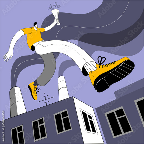 A happy man in casual clothes with a bouquet jumps on the roofs. Vector illustration on the theme of parkour in an urban environment.