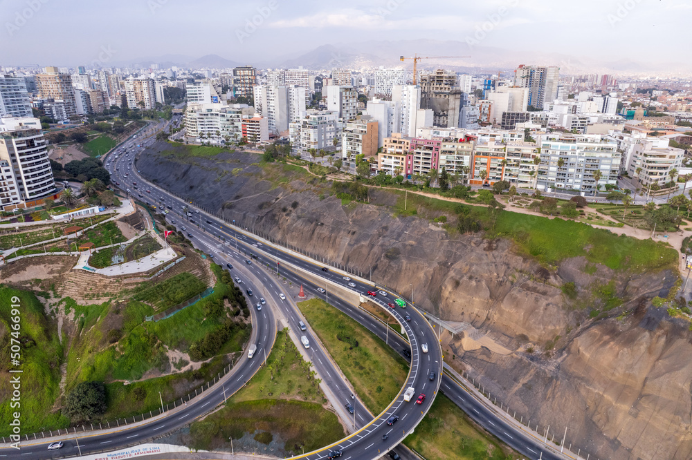 Aerial view of La Costa Verde and the Miraflores boardwalk in Lima. Aerial view of La Costa Verde and the Miraflores boardwalk in Lima.