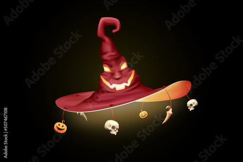 3d render Demonic witch hat with sinister fiery face and dangling bling for Halloween. Smiling sinister witch hat. Isolated 3D vector illustration. Halloween horror holiday concept
