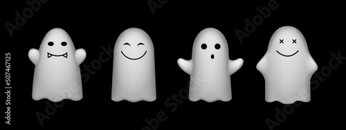 3D Render Set of cute ghosts and spirits on a black background for Halloween. Cute ghosts for cards and banners, flyers and icons. Halloween Holiday Spirits. Isolated 3d vector illustration