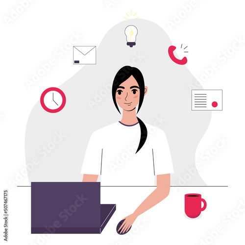 Multitasking woman concept flat. Young woman working on a computer. Vector illustration in flat style.