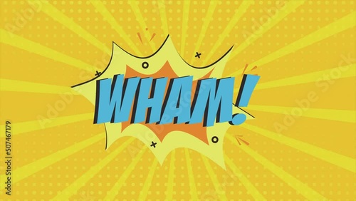 A comic strip cartoon animation, with the word Wham appearing. Yellow and halftone background, star shape effect