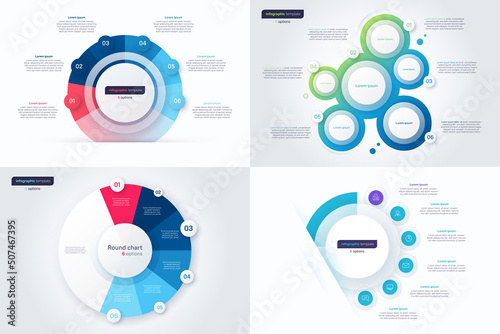 Set of six option circle infographic design templates. Vector illustration