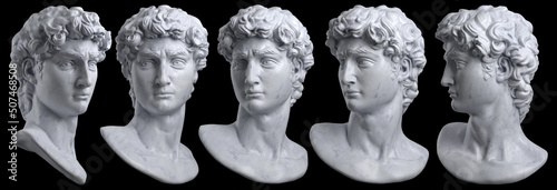 Digital 3D rendering set illustration of classical white marble head bust sculpture rotated in 5 different views and isolated on black background.