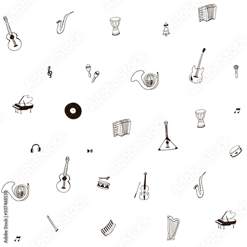 Musical instruments vector line seamless pattern