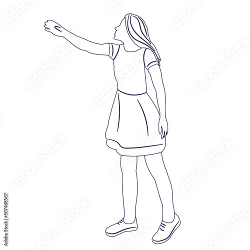 girl says goodbye sketch, outline, isolated, vector