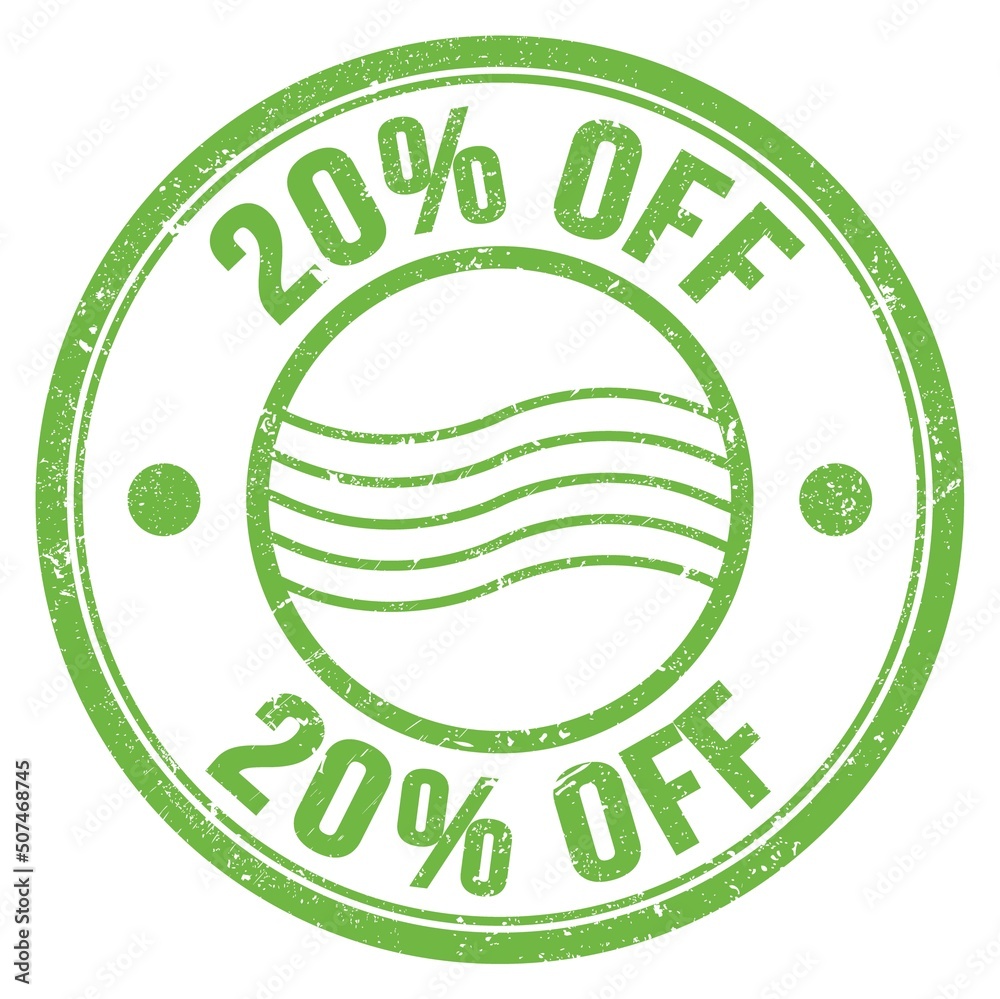 20% OFF text written on green round postal stamp sign 20% OFF text written on green round postal stamp sign