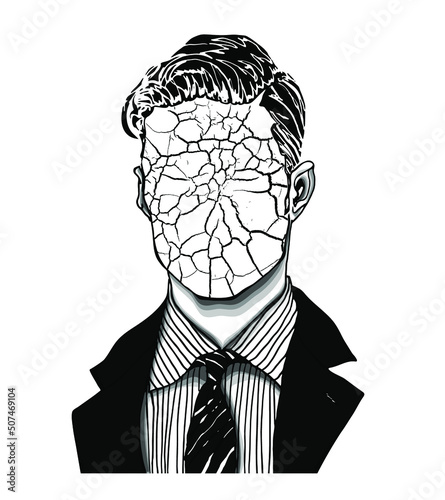 Hand drawn portrait of a strange handsome man with with concealed identity under a cracked anonymous face. Head in modern and surreal tattoo art. Isolated vector illustration.