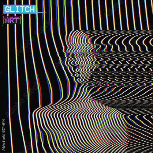 Vector abstract glitch art illustration from 3D rendering of frontal bust of a female figure in corrupted CRT TV oscillator RGB color offset line halftone style on black background.
