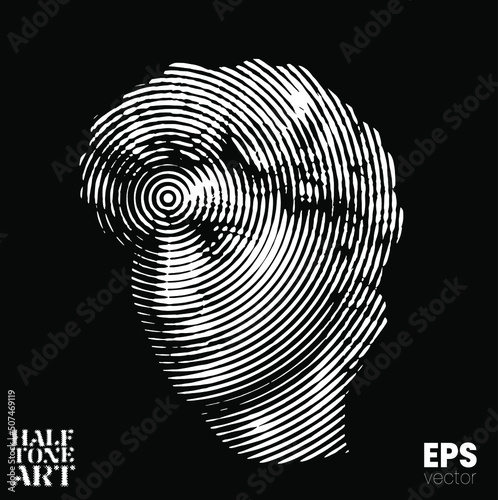 Halftone Art. Vector black and white illustration from 3d rendering of classical marble male head in circular line halftone style isolated on black background.
