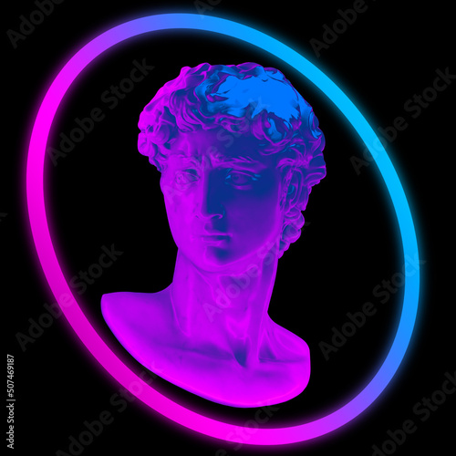 Abstract illustration from 3d rendering of classical marble male head sculpture in vaporwave style colors illuminated by a pink and blue neon halo ring and isolated on black background.