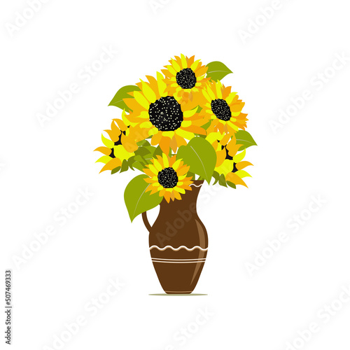 a bouquet of yellow flowers of sunflowers is assembled into a composition in a jug