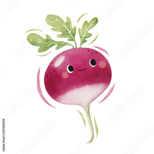 Watercolor cute radish cartoon character. Vector illustration.