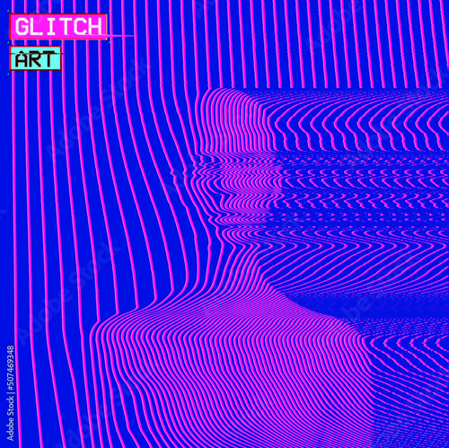 Vector abstract glitch art illustration from 3D rendering of frontal bust of a female figure in corrupted CRT TV oscillator pink line halftone on blue background in vaporwave style.