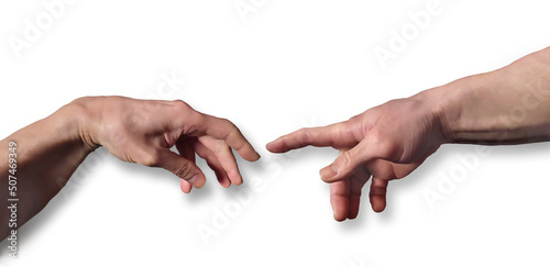 Hands reaching. Digital illustration of photographic hands with drop shadow isolated on white background.