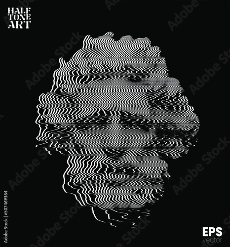 Vector white oscillator line halftone mode illustration of classical head sculpture of bearded old man from 3d rendering isolated on black background in old CRT TVs and VHS corrupted style graphics.