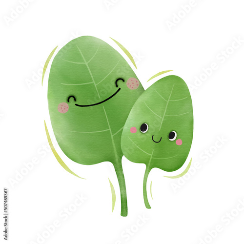 Watercolor cute spinach leaves cartoon character. Vector illustration.