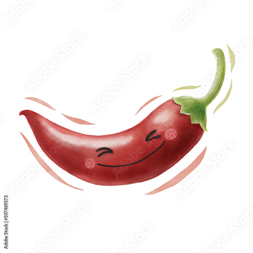 Watercolor cute red chilli cartoon character. Vector illustration.