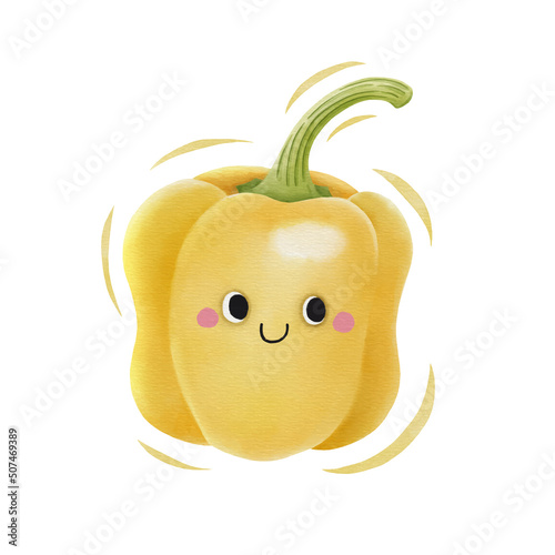 Watercolor cute yellow bell pepper cartoon character. Vector illustration.