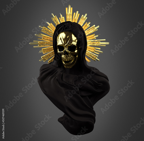 Принти на полотні Concept illustration 3D rendering of veiled black scary figure with golden skull mask and holy halo of rays isolated on grey background in dark art style
