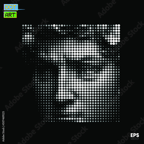 Vector abstract glitch art illustration from 3D rendering of classical sculpture eyes and face close up in dot white line halftone style on black background.