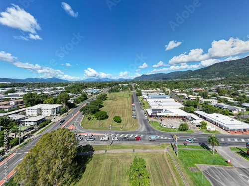 Aerial view of tropical city  shopping centre and mountains in Cairns
