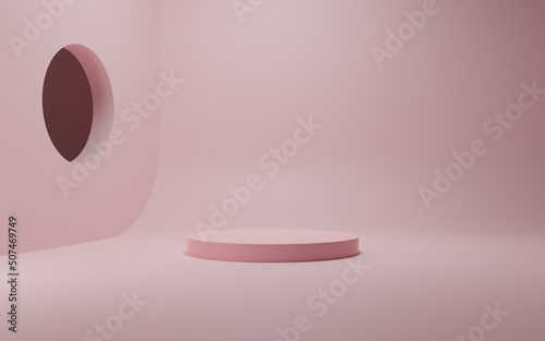 Pastel color pink product background stand or podium pedestal on empty display with pastel backdrops. 3D rendering.
