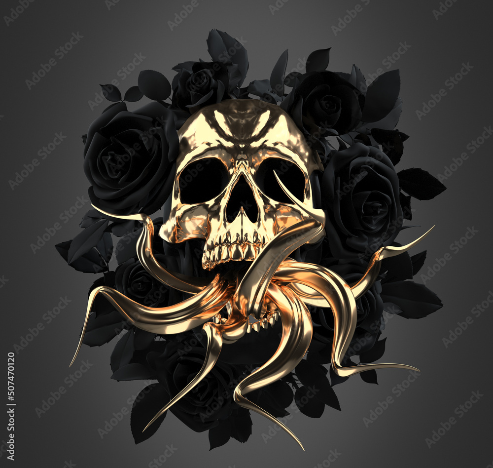 Naklejka premium Concept illustration 3D rendering of scary dark skull with golden mask, snake tongues out surrounded by a dark black roses wreath with leaves isolated on grey background.