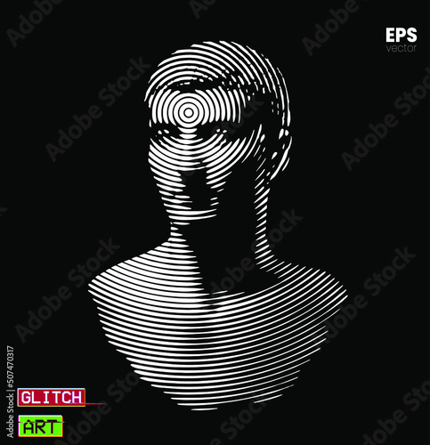 Glitch Art. Vector black and white circle halftone pattern illustration from 3D rendering of classical head bust sculpture isolated on black background. 