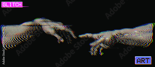 Glitch Art vector RGB color offset oscilloscope line halftone and CRT TV corrupted graphics style illustration of hands reaching isolated on black background.