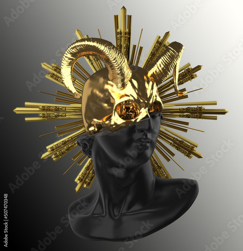 Concept illustration 3D rendering of classical dark black fragmentary head and golden skull, devilish horns with religious golden saint cross halo in dark sculpture art style isolated on background. photo