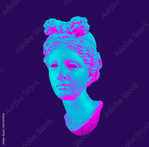 Digital illustration from 3d rendering of female classical bust in pink and blue vaporwave style colors isolated on dark blue background.