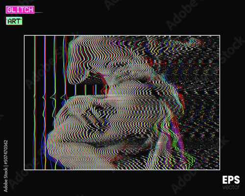 Vector illustration of digital glitch art of classical sculpture of Proserpina Rape detail from 3D rendering in oscilloscope RGB colored line on black background in the style of old CRT TVs and VHS. photo