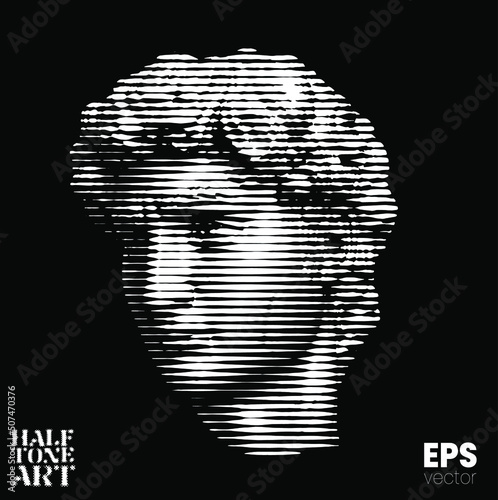Halftone Art. Vector black and white illustration from 3d rendering of classical marble male head in horizontal line halftone style isolated on black background.