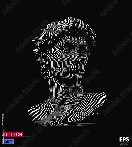 Vector distorted wavy white line halftone illustration of male classical head sculpture from 3D rendering isolated on black background.