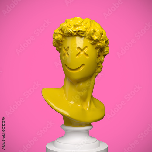 Canvastavla Abstract concept illustration of faceless yellow classical bust on pedestal with carved emoticon style face from 3d rendering on pink background