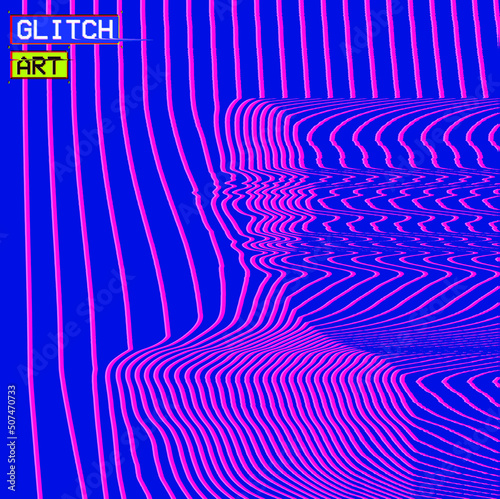 Vector abstract glitch art illustration from 3D rendering of frontal bust of a female figure in corrupted CRT TV oscillator pink line halftone on blue background in vaporwave style.