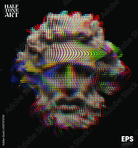 Vector RGB color offset glitched dot halftone mode illustration of classical head sculpture of bearded old man from 3d rendering isolated on black background. 
