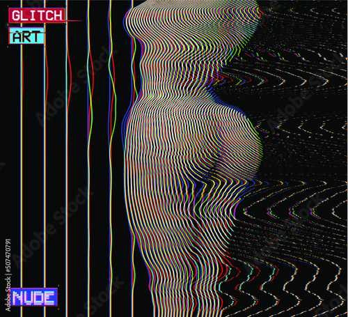 Vector abstract RGB color glitched oscillator line halftone pattern illustration from 3D rendering of a nude woman's sexy body back on black background in the style of CRT TVs and corrupted graphics.