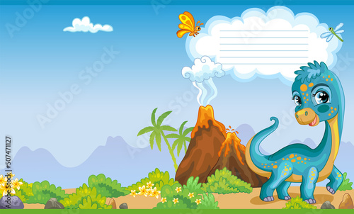 Cover for notebook with cute dinosaur diplodocus vector