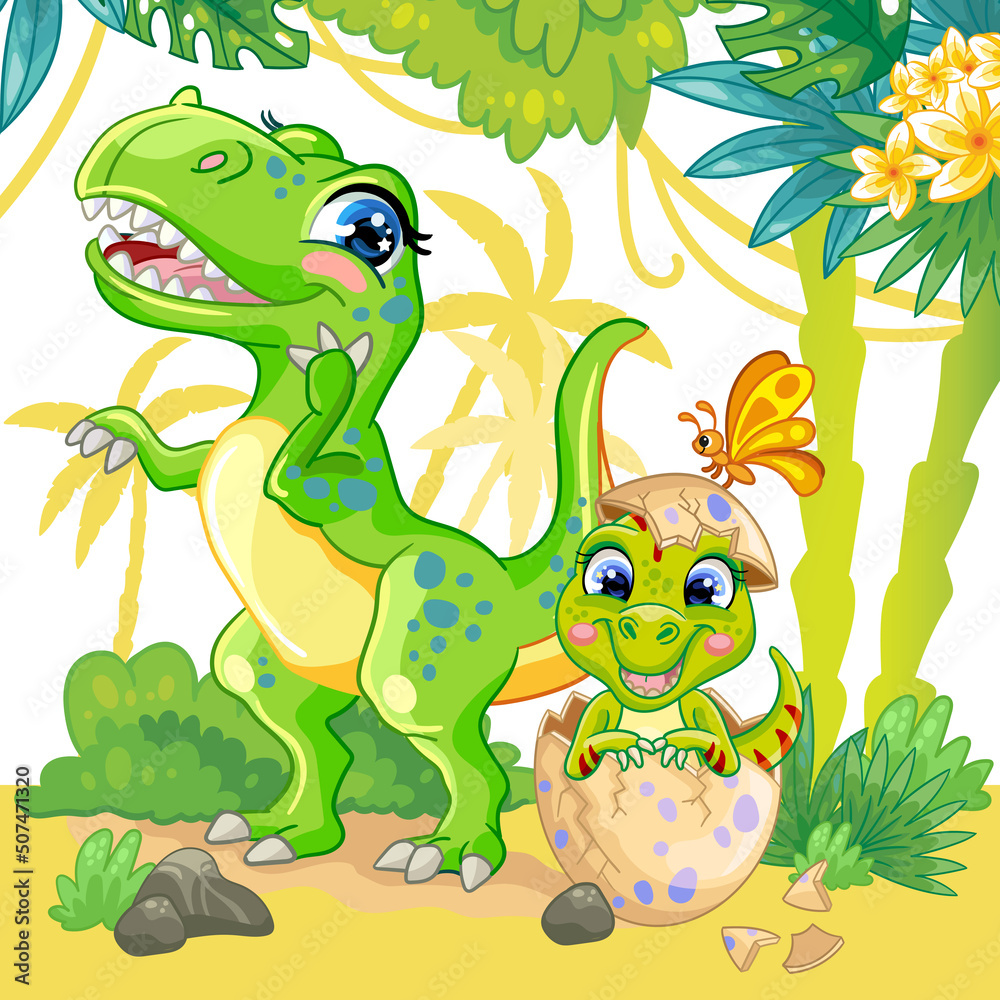 Fototapeta premium Illustration with cute tyrannosaurus dinosaurs in nature vector