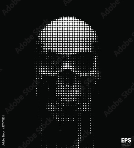 Vector dot halftone vertical disintegration of scary skull isolated on white background.