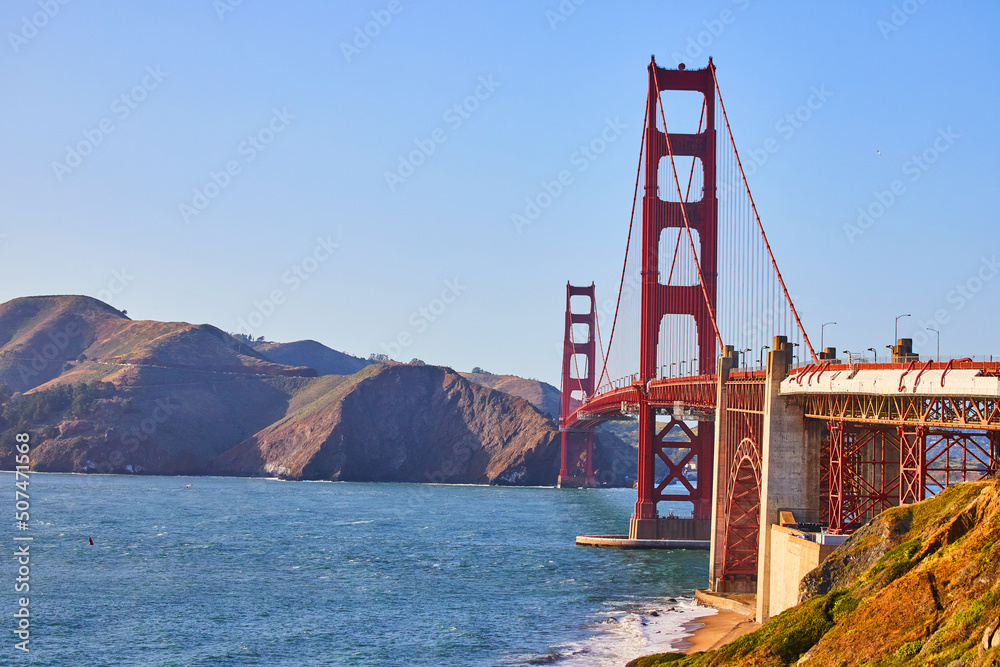 Golden Gate Bridge at sunset in California from southwest
